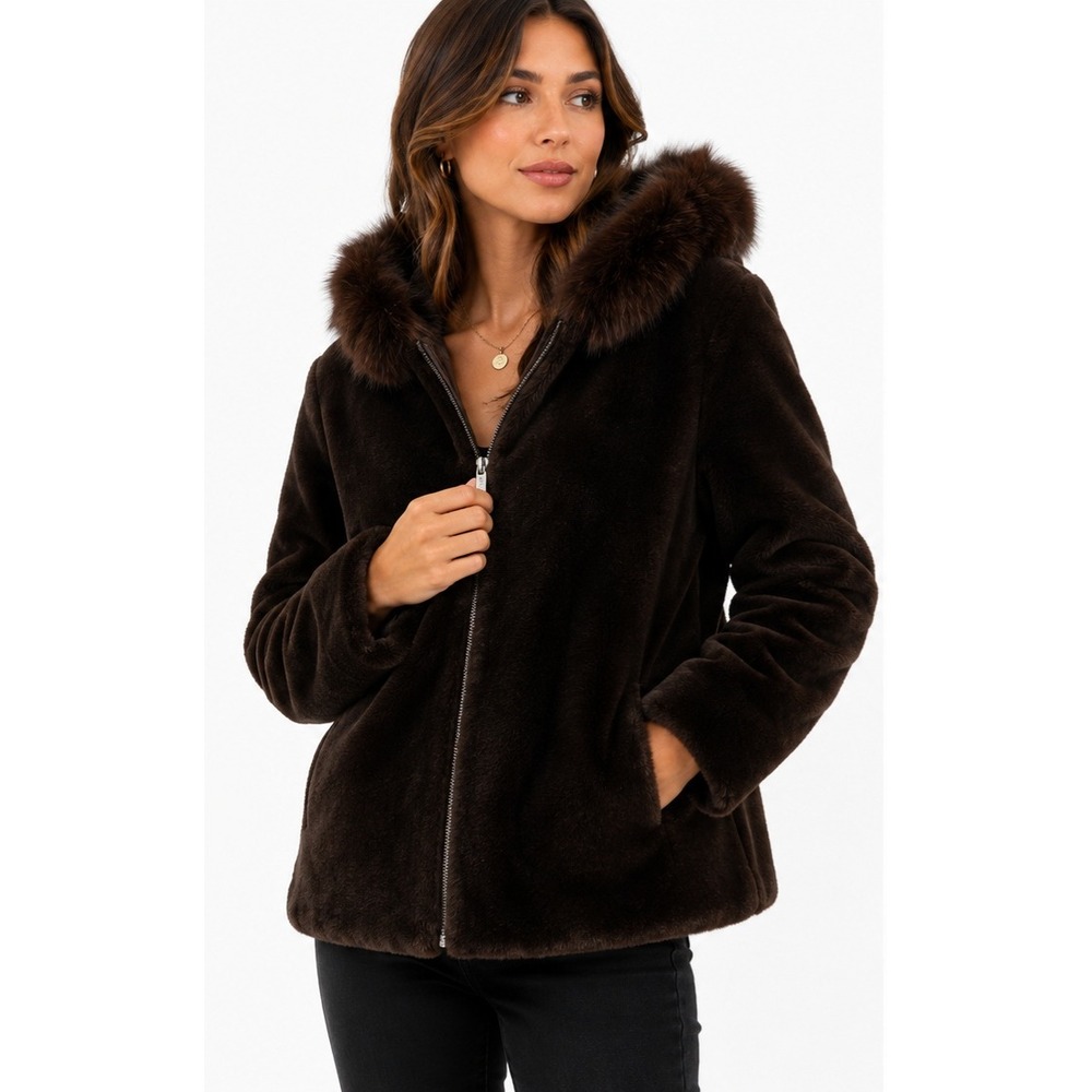 CALVIN KLEIN Faux Fur Hooded Coat Jacket Dark Brown Size M